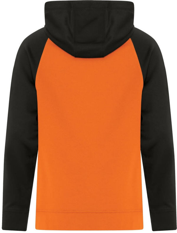 Am image of a Custom ATC Game Day Fleece Two Tone Hooded Youth Sweatshirt in Deep Orange/Black!