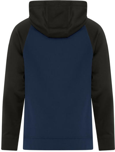 Am image of a Custom ATC Game Day Fleece Two Tone Hooded Youth Sweatshirt in True Navy/Black!