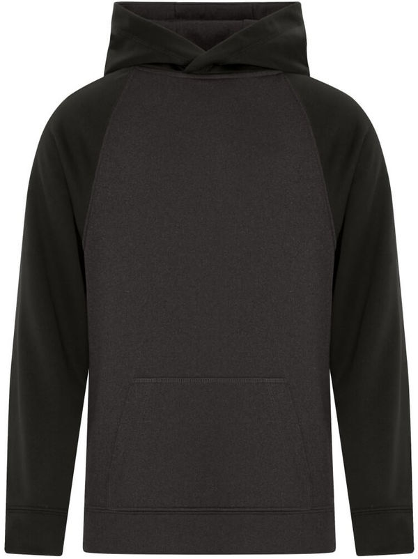 Am image of a Custom ATC Game Day Fleece Two Tone Hooded Youth Sweatshirt in Charcoal/Black!