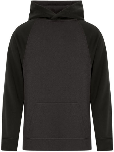 Am image of a Custom ATC Game Day Fleece Two Tone Hooded Youth Sweatshirt in Charcoal/Black!