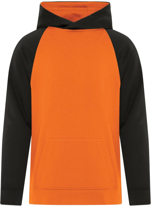 Am image of a Custom ATC Game Day Fleece Two Tone Hooded Youth Sweatshirt in Deep Orange/Black!