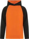 Am image of a Custom ATC Game Day Fleece Two Tone Hooded Youth Sweatshirt in Deep Orange/Black!