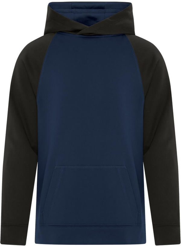 Am image of a Custom ATC Game Day Fleece Two Tone Hooded Youth Sweatshirt in True Navy/Black!