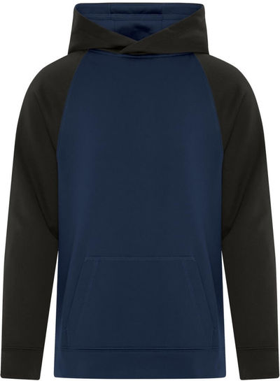 Am image of a Custom ATC Game Day Fleece Two Tone Hooded Youth Sweatshirt in True Navy/Black!