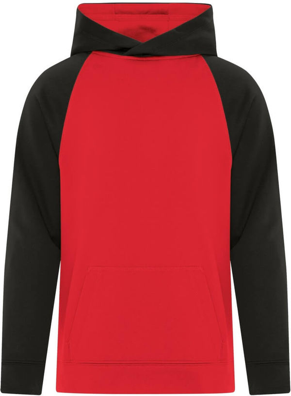 Am image of a Custom ATC Game Day Fleece Two Tone Hooded Youth Sweatshirt in True Red/Black!