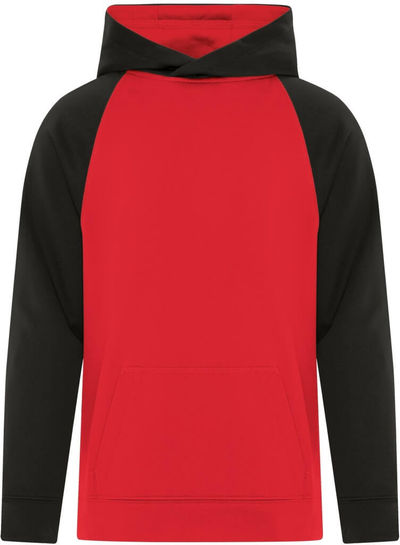 Am image of a Custom ATC Game Day Fleece Two Tone Hooded Youth Sweatshirt in True Red/Black!