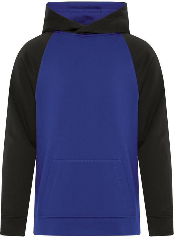 Am image of a Custom ATC Game Day Fleece Two Tone Hooded Youth Sweatshirt in True Royal/Black!