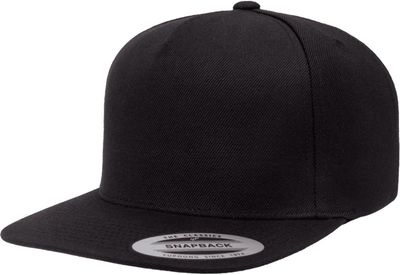 Am image of a Custom Yupoong Adult Premium 5 Panel Snapback Cap in Black!