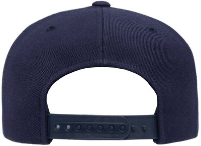 Am image of a Custom Yupoong Adult Premium 5 Panel Snapback Cap in Navy!